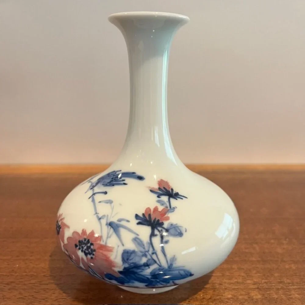 Vintage Hand Painted Birds Flowers Vase